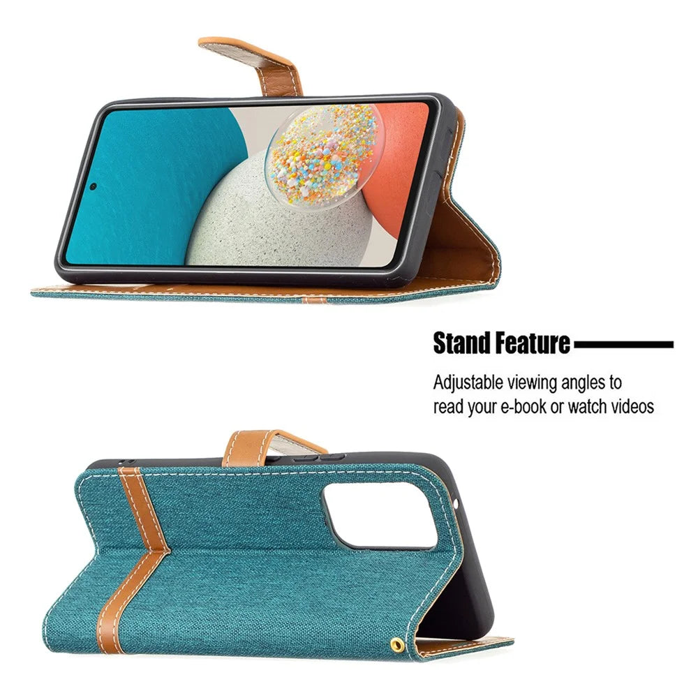 Color Splicing Jeans Cloth Magnetic Clasp Stand PU Leather Wallet Leather Phone Case with Carrying Lanyard for Samsung Galaxy A53 5G - Green - 4