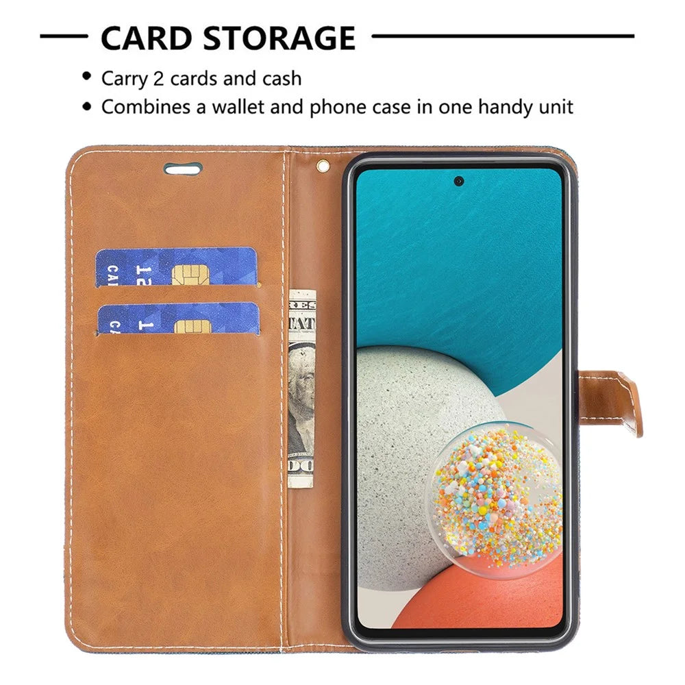 Color Splicing Jeans Cloth Magnetic Clasp Stand PU Leather Wallet Leather Phone Case with Carrying Lanyard for Samsung Galaxy A53 5G - Green - 5