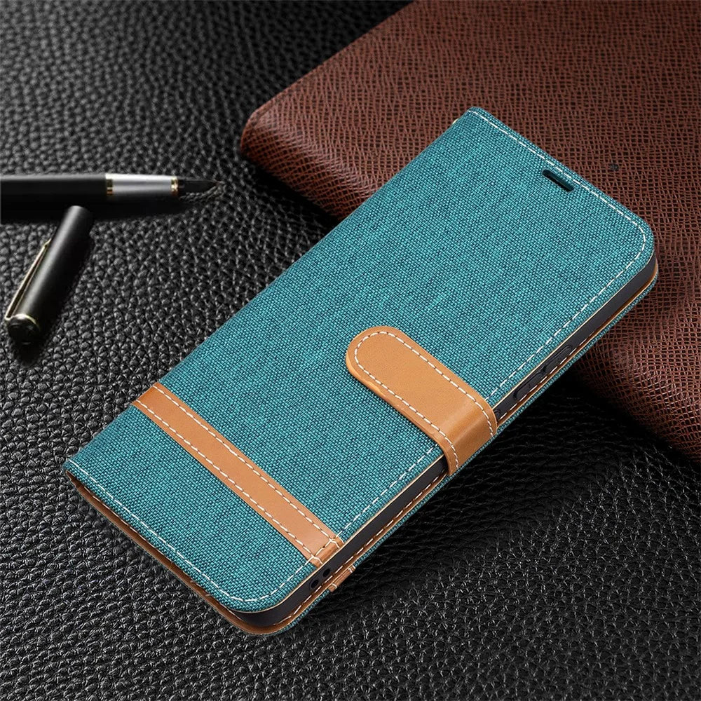 Color Splicing Jeans Cloth Magnetic Clasp Stand PU Leather Wallet Leather Phone Case with Carrying Lanyard for Samsung Galaxy A53 5G - Green - 6