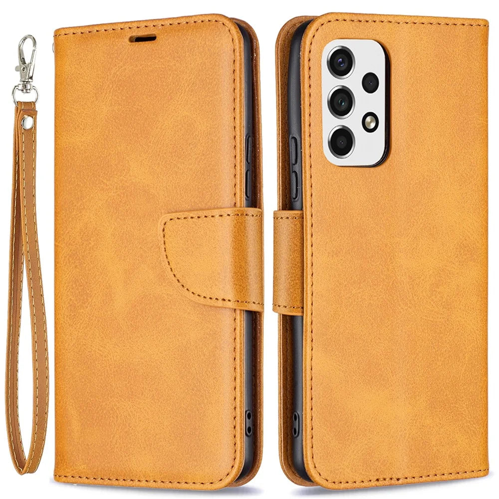 Scratch-resistant Textured PU Leather Phone Wallet Case Cover with Stand for Samsung Galaxy A53 5G - Yellow - 1