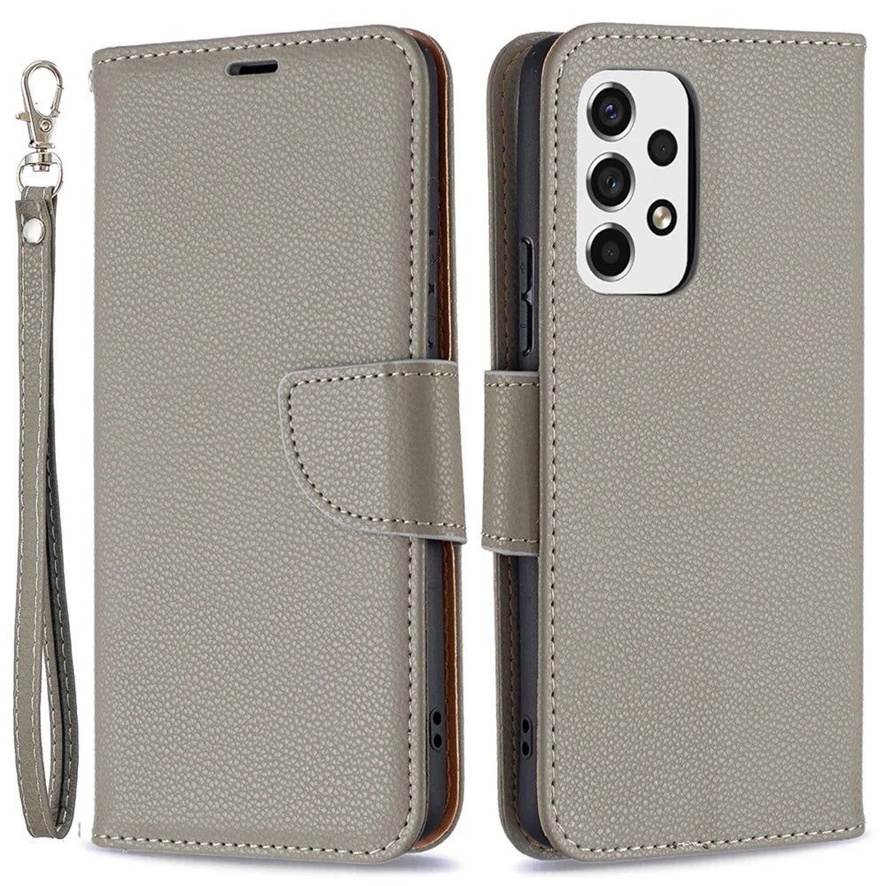Solid Color Litchi Texture Shockproof Folio Flip Magnetic Closure Leather Case Cover with Wallet Stand for Samsung Galaxy A53 5G - Grey - 1