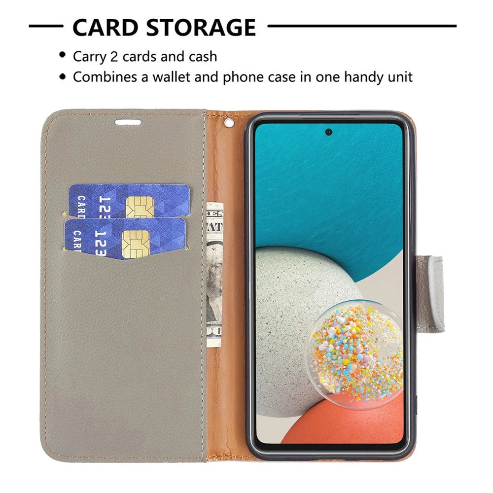 Solid Color Litchi Texture Shockproof Folio Flip Magnetic Closure Leather Case Cover with Wallet Stand for Samsung Galaxy A53 5G - Grey - 5