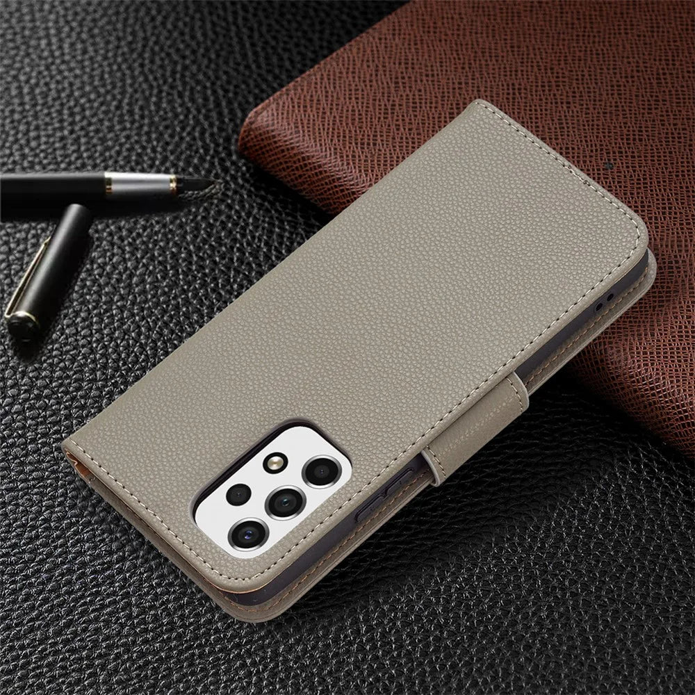 Solid Color Litchi Texture Shockproof Folio Flip Magnetic Closure Leather Case Cover with Wallet Stand for Samsung Galaxy A53 5G - Grey - 7