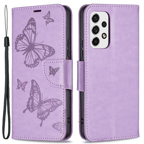 Multiple Butterfly Imprinted PU Leather Flip Folio Cover Wallet Stand Shockproof Protective Cover with Strap for Samsung Galaxy A53 5G - Purple - 1