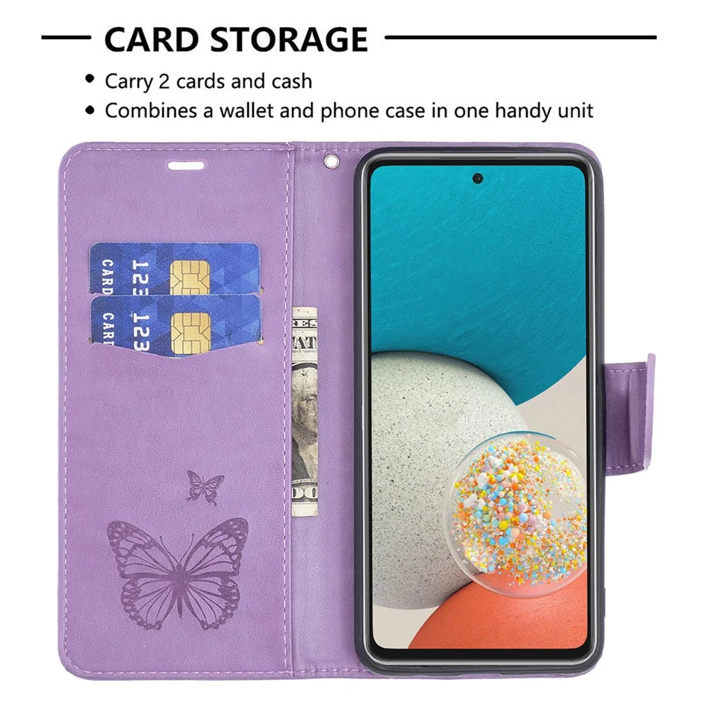 Multiple Butterfly Imprinted PU Leather Flip Folio Cover Wallet Stand Shockproof Protective Cover with Strap for Samsung Galaxy A53 5G - Purple - 5