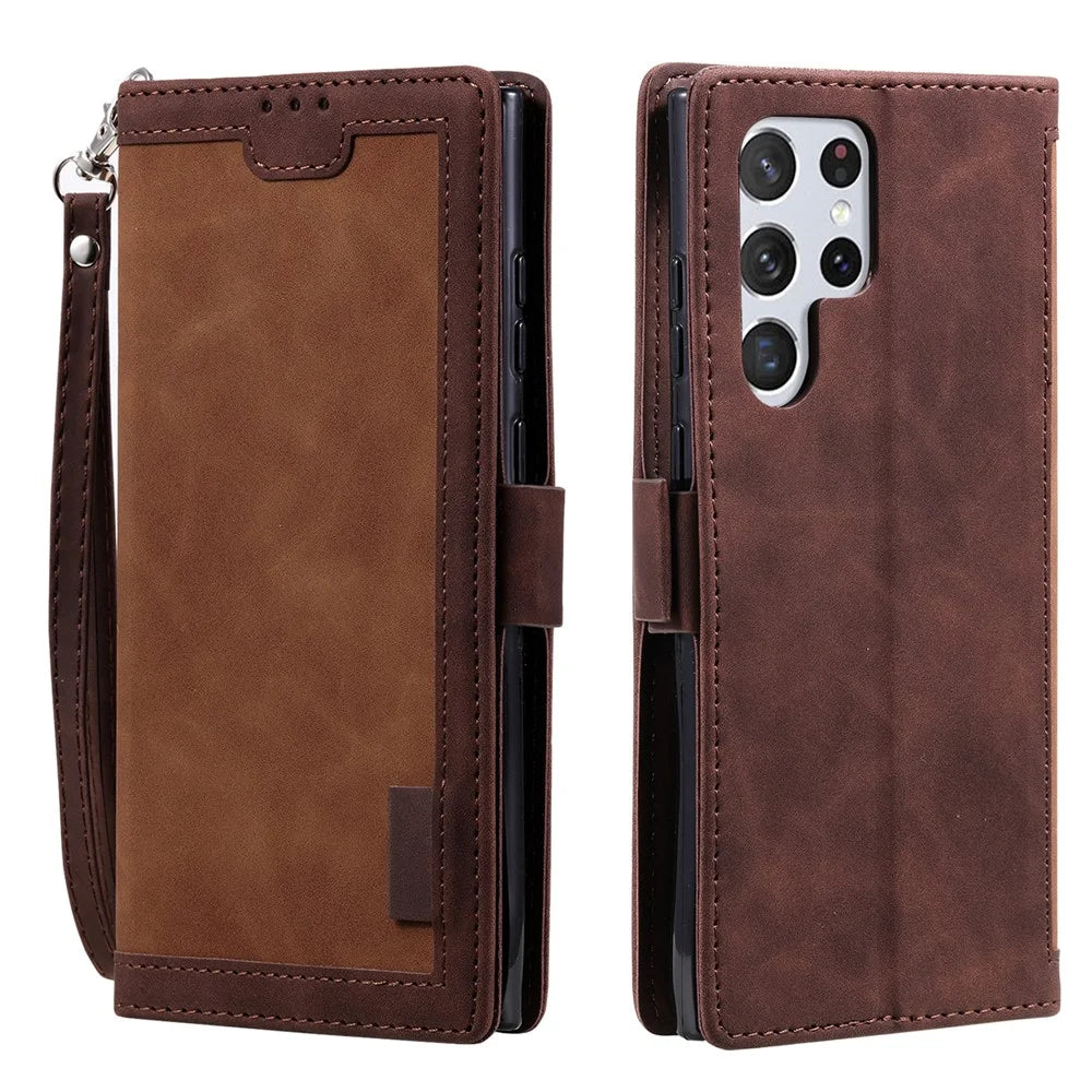 Stand Wallet Design Scratch-resistant Retro Style Color Splicing PU Leather Phone Case with Handy Strap for Samsung Galaxy S22 Ultra 5G - Brown - 1