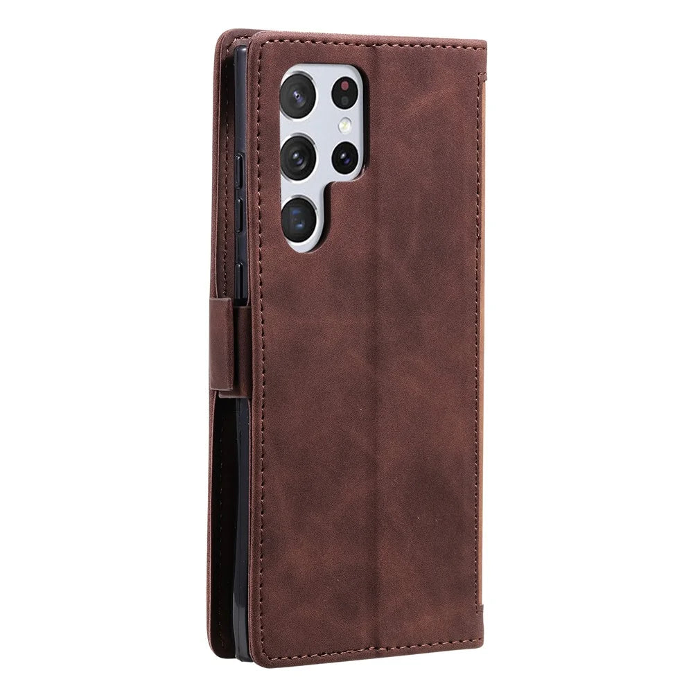 Stand Wallet Design Scratch-resistant Retro Style Color Splicing PU Leather Phone Case with Handy Strap for Samsung Galaxy S22 Ultra 5G - Brown - 3