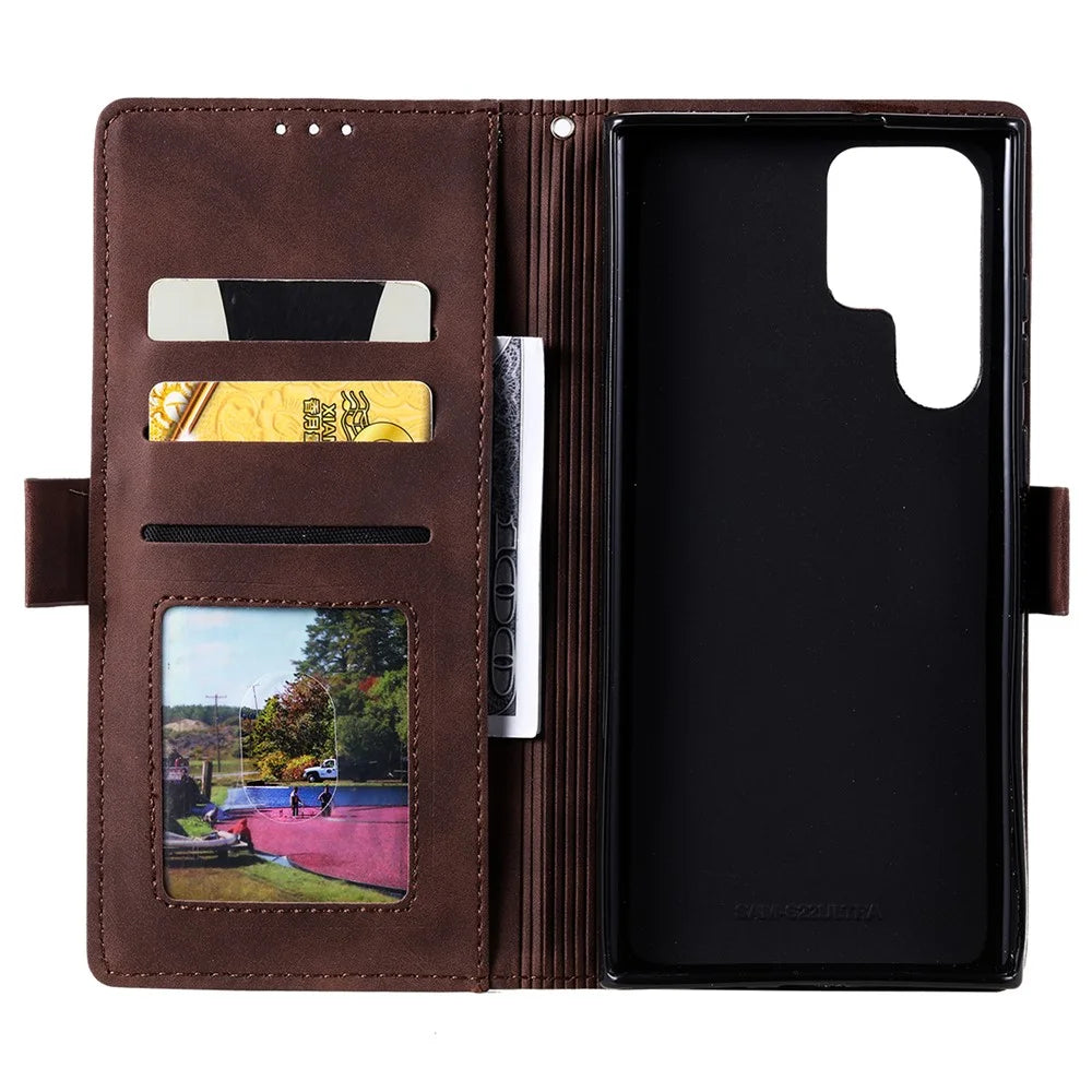 Stand Wallet Design Scratch-resistant Retro Style Color Splicing PU Leather Phone Case with Handy Strap for Samsung Galaxy S22 Ultra 5G - Brown - 4
