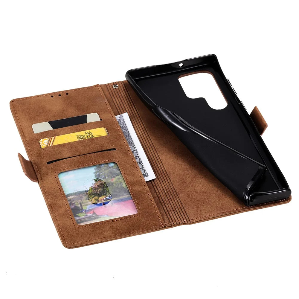 Stand Wallet Design Scratch-resistant Retro Style Color Splicing PU Leather Phone Case with Handy Strap for Samsung Galaxy S22 Ultra 5G - Brown - 6