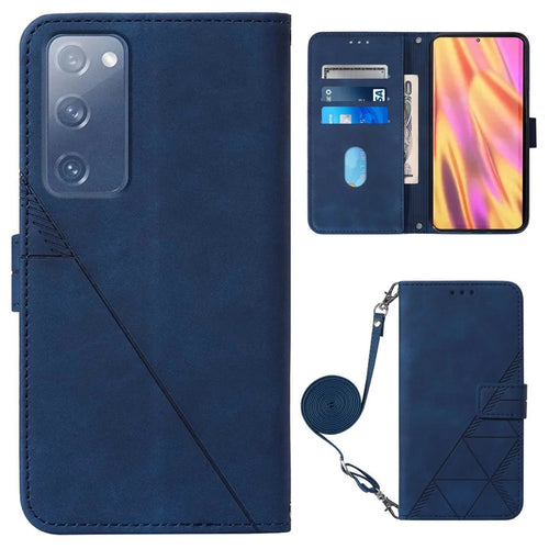 PB2-1 Series Stylish Lines Imprinting Magnetic Clasp Shock-absorption PU Leather + TPU Stand Wallet Phone Cover Case with Shoulder Strap for Samsung Galaxy S20 FE 2022/S20 FE/S20 FE 5G/S20 Lite - Sapphire - 1