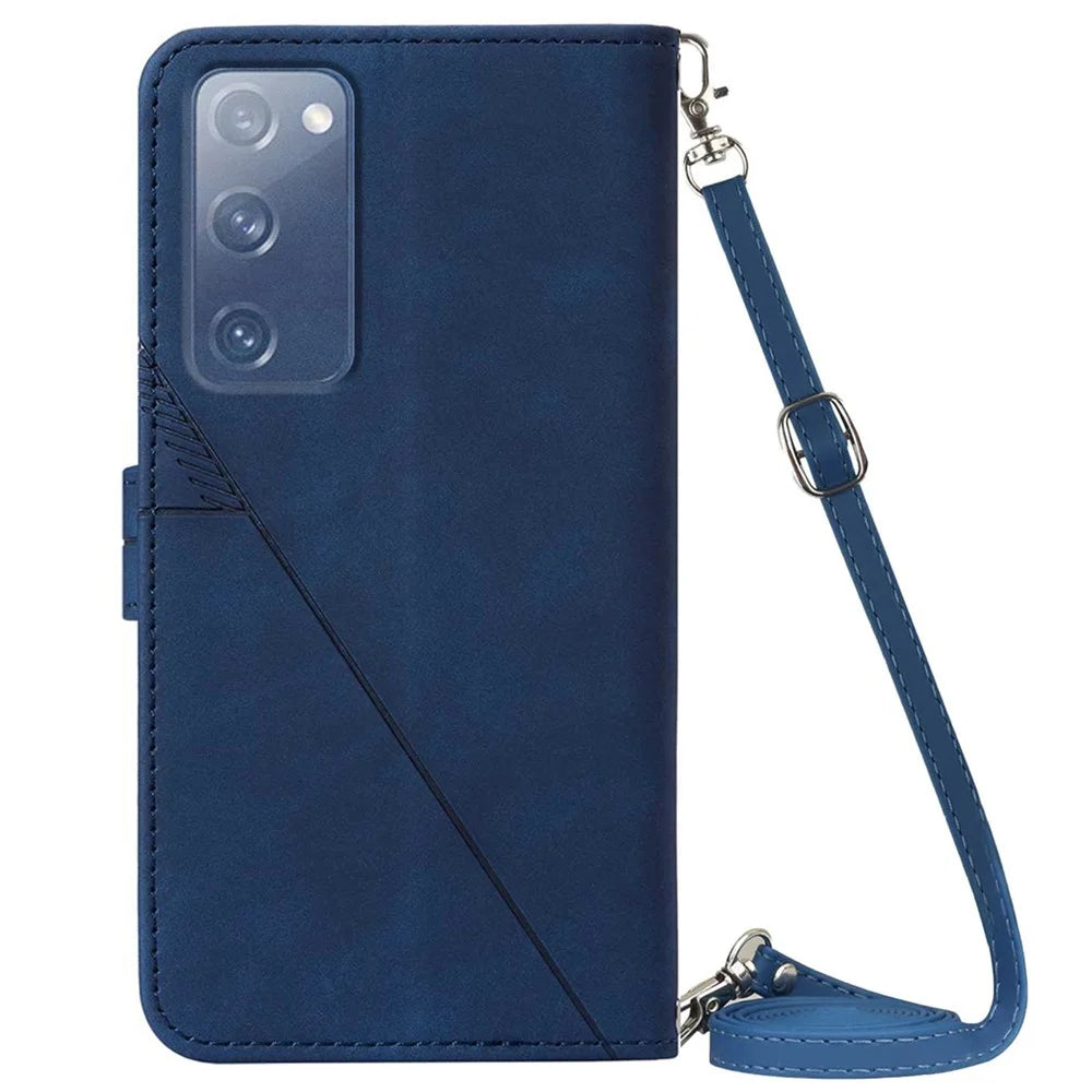 PB2-1 Series Stylish Lines Imprinting Magnetic Clasp Shock-absorption PU Leather + TPU Stand Wallet Phone Cover Case with Shoulder Strap for Samsung Galaxy S20 FE 2022/S20 FE/S20 FE 5G/S20 Lite - Sapphire - 3