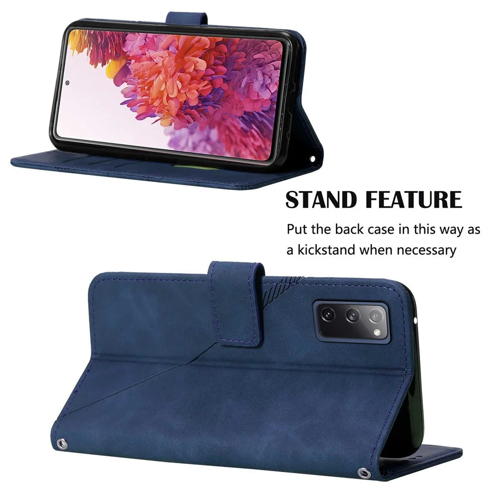 PB2-1 Series Stylish Lines Imprinting Magnetic Clasp Shock-absorption PU Leather + TPU Stand Wallet Phone Cover Case with Shoulder Strap for Samsung Galaxy S20 FE 2022/S20 FE/S20 FE 5G/S20 Lite - Sapphire - 5