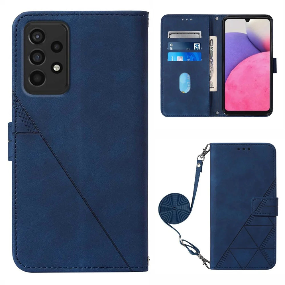 PB2-1 Series Lines Imprinting Magnetic Clasp Folio Flip PU Leather Stand Wallet Phone Cover Case with Shoulder Strap for Samsung Galaxy A33 5G - Sapphire - 1
