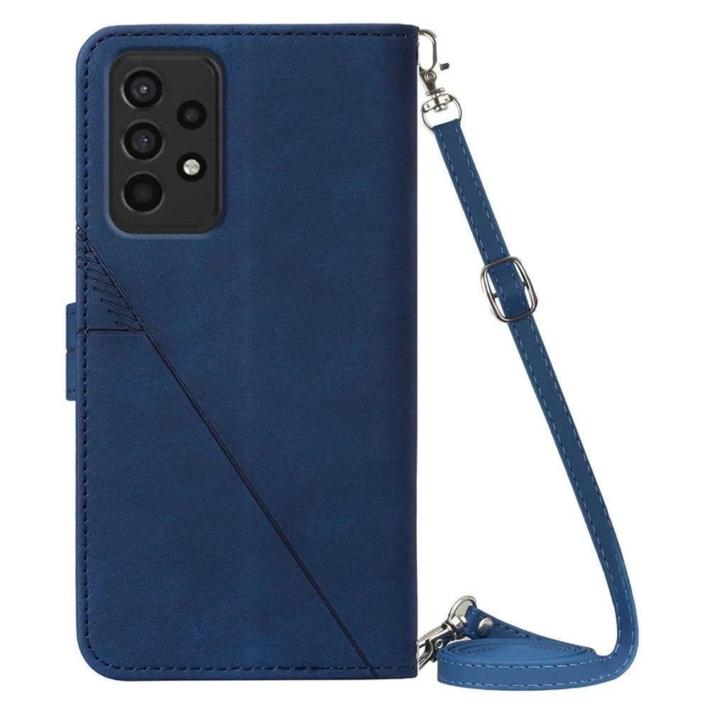 PB2-1 Series Lines Imprinting Magnetic Clasp Folio Flip PU Leather Stand Wallet Phone Cover Case with Shoulder Strap for Samsung Galaxy A33 5G - Sapphire - 3
