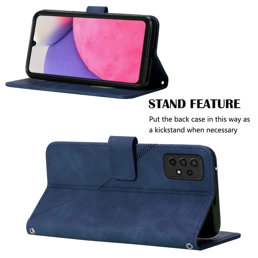 PB2-1 Series Lines Imprinting Magnetic Clasp Folio Flip PU Leather Stand Wallet Phone Cover Case with Shoulder Strap for Samsung Galaxy A33 5G - Sapphire - 5