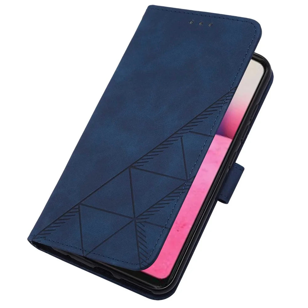 PB2-1 Series Lines Imprinting Magnetic Clasp Folio Flip PU Leather Stand Wallet Phone Cover Case with Shoulder Strap for Samsung Galaxy A33 5G - Sapphire - 7