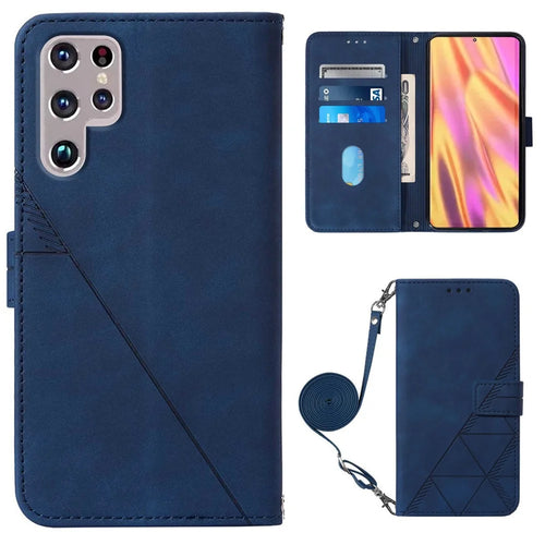 PB2-1 Series Imprinting Lines PU Leather Hands-free Stand Wallet Phone Cover Magnetic Clasp Case with Shoulder Strap for Samsung Galaxy S22 Ultra 5G - Sapphire - 1