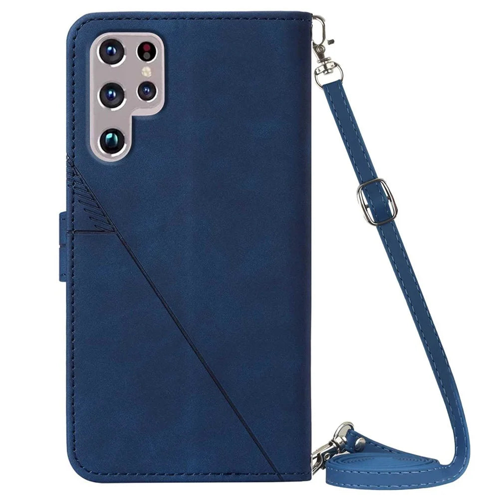 PB2-1 Series Imprinting Lines PU Leather Hands-free Stand Wallet Phone Cover Magnetic Clasp Case with Shoulder Strap for Samsung Galaxy S22 Ultra 5G - Sapphire - 3