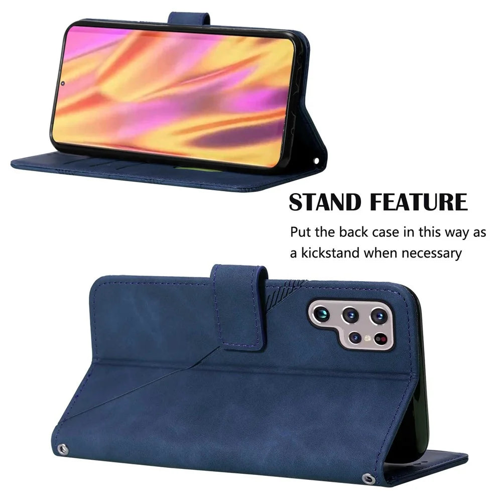 PB2-1 Series Imprinting Lines PU Leather Hands-free Stand Wallet Phone Cover Magnetic Clasp Case with Shoulder Strap for Samsung Galaxy S22 Ultra 5G - Sapphire - 5
