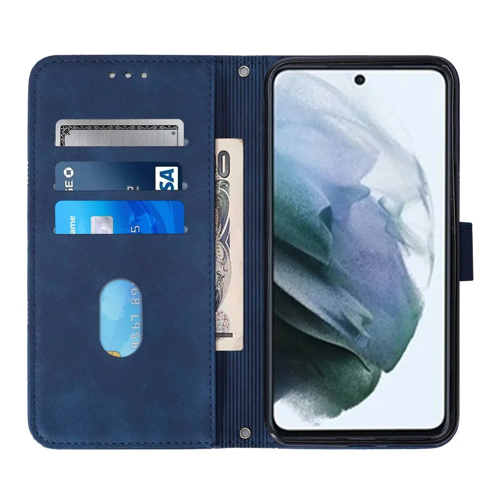 PB2-1 Series Overall Protective Imprinting Lines PU Leather Stand Wallet Phone Cover Magnetic Clasp Case with Shoulder Strap for Samsung Galaxy S22+ 5G - Sapphire - 4