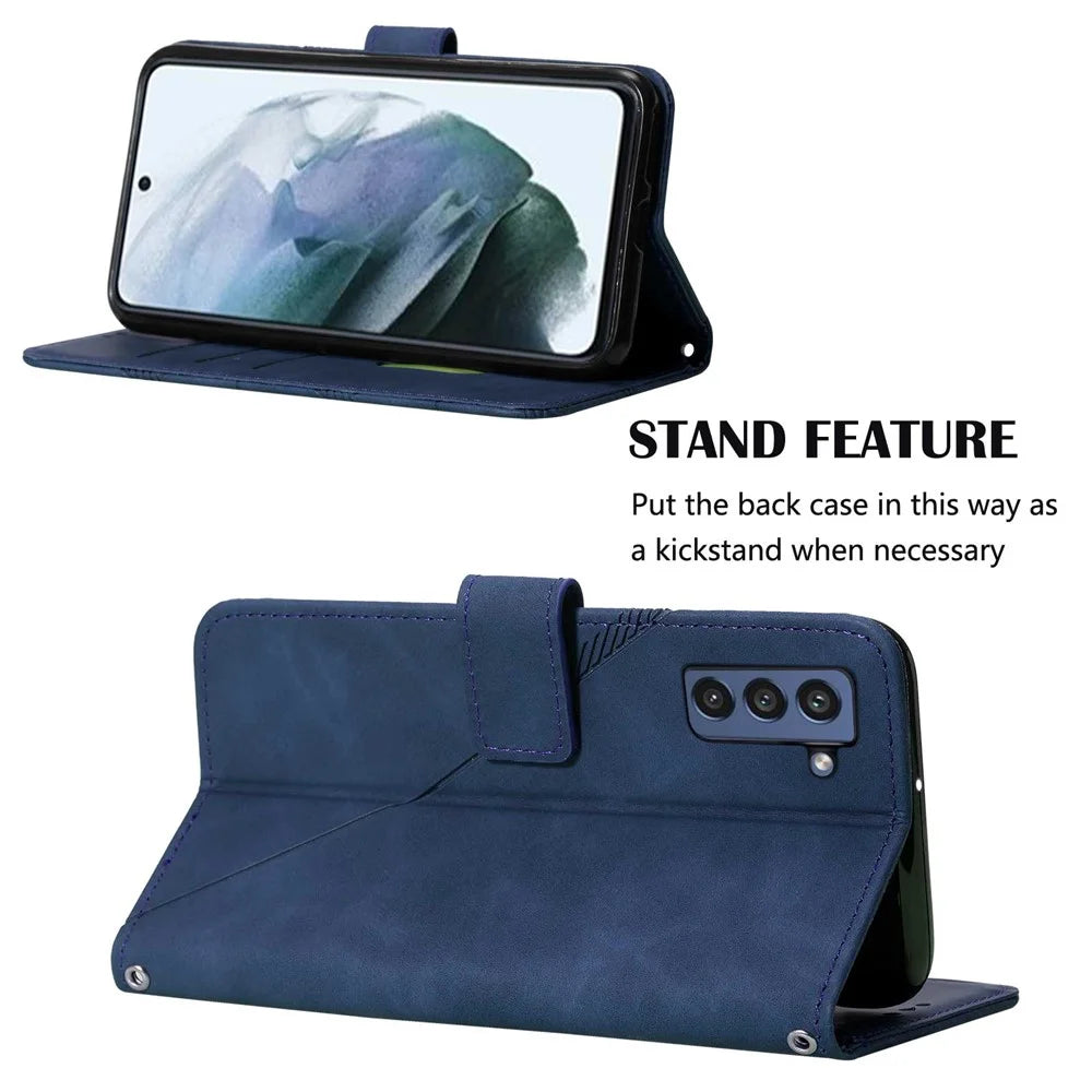 PB2-1 Series Overall Protective Imprinting Lines PU Leather Stand Wallet Phone Cover Magnetic Clasp Case with Shoulder Strap for Samsung Galaxy S22+ 5G - Sapphire - 5