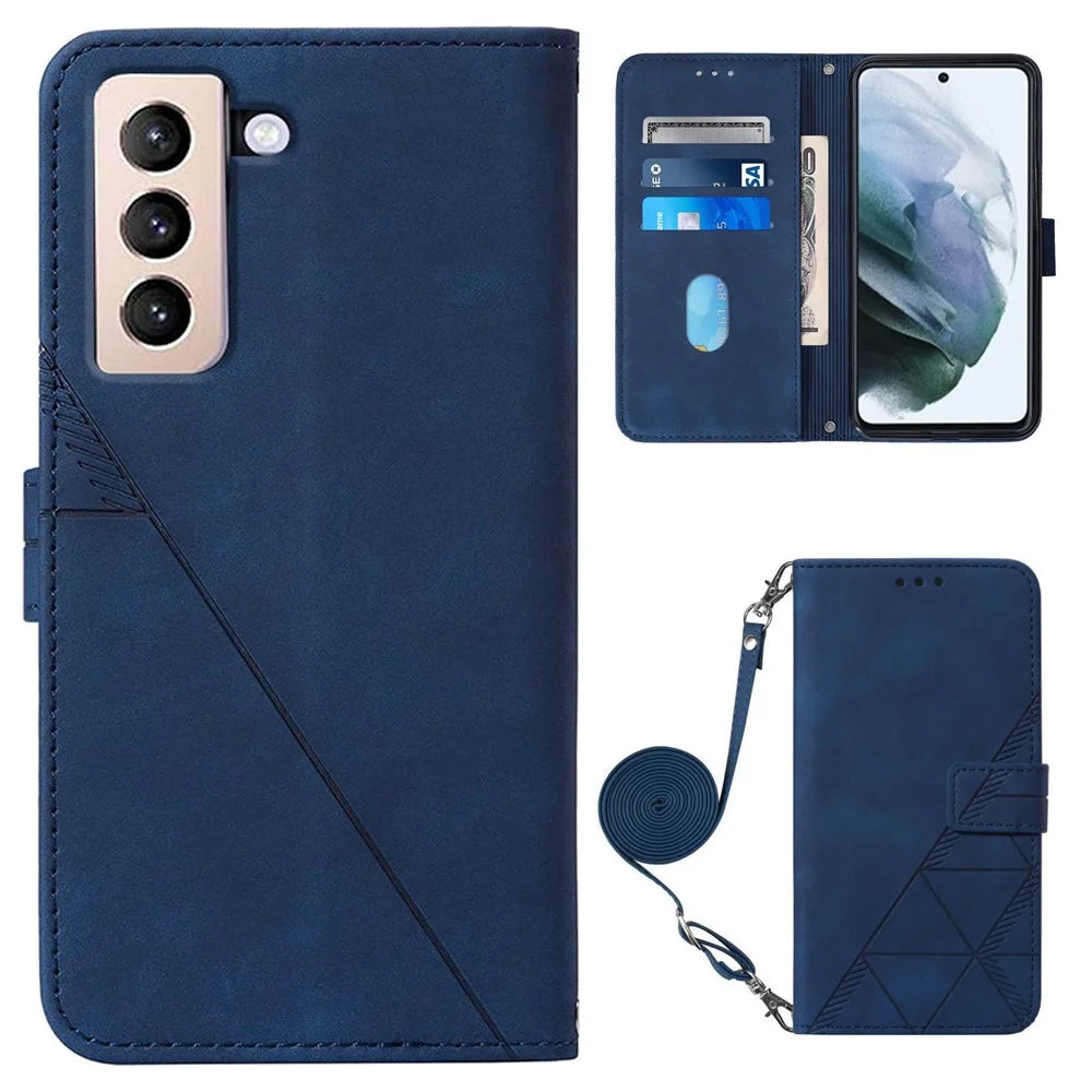 PB2-1 Series Lines Imprinting PU Leather 360 Degree Protective Stand Wallet Phone Cover Case with Shoulder Strap for Samsung Galaxy S22 5G - Sapphire - 1