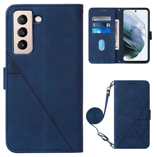 PB2-1 Series Lines Imprinting PU Leather 360 Degree Protective Stand Wallet Phone Cover Case with Shoulder Strap for Samsung Galaxy S22 5G - Sapphire - 1