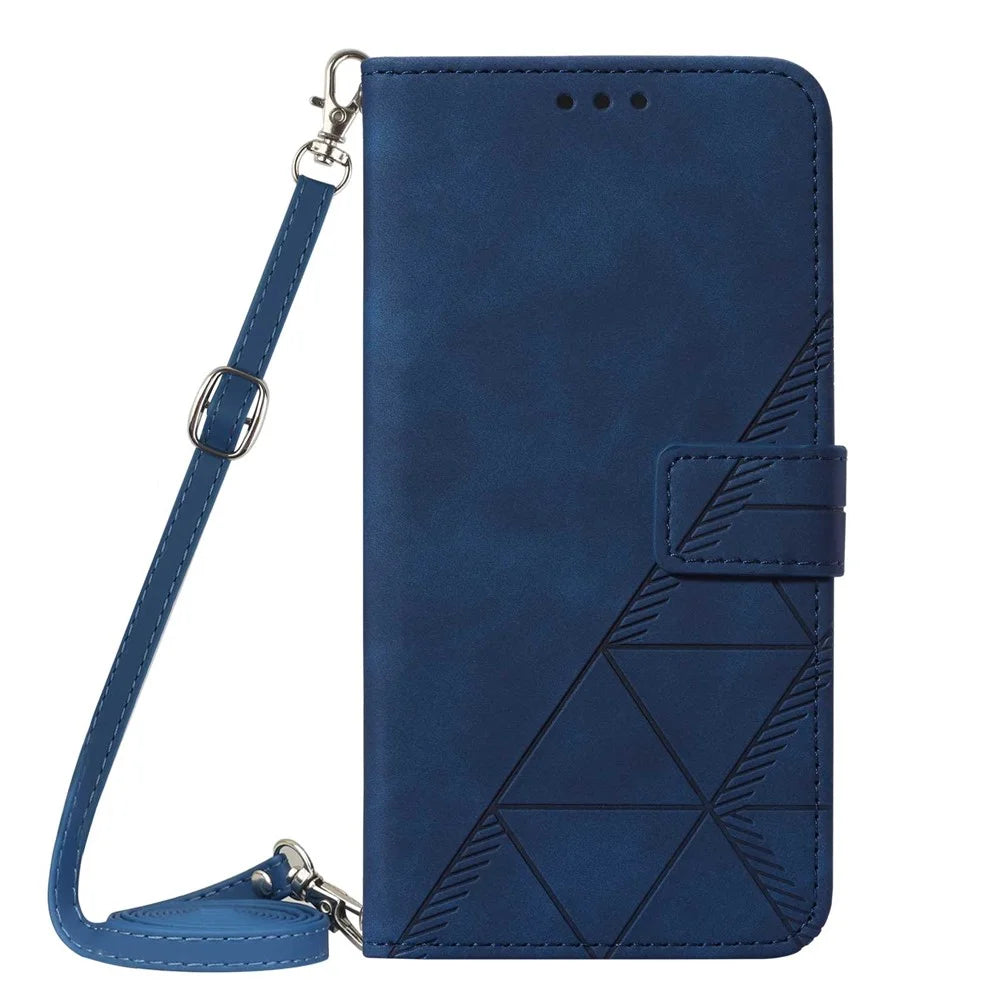 PB2-1 Series Lines Imprinting PU Leather 360 Degree Protective Stand Wallet Phone Cover Case with Shoulder Strap for Samsung Galaxy S22 5G - Sapphire - 2