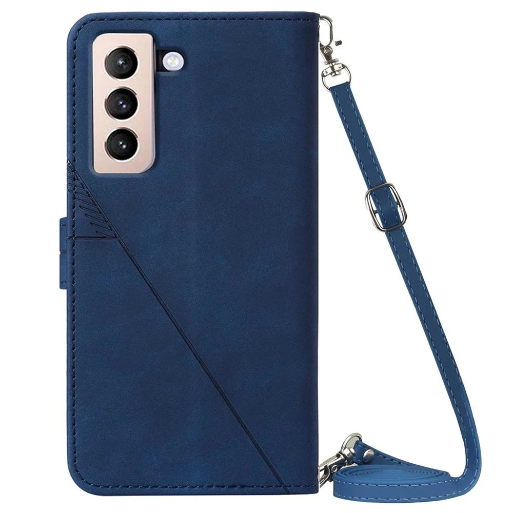 PB2-1 Series Lines Imprinting PU Leather 360 Degree Protective Stand Wallet Phone Cover Case with Shoulder Strap for Samsung Galaxy S22 5G - Sapphire - 3