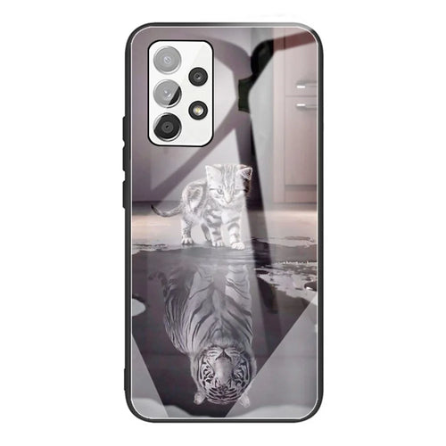 Tempered Glass Back Flexible TPU Bumper Anti-Scratch Pattern Printing Case for Samsung Galaxy A53 5G - Cat and Tiger - 1