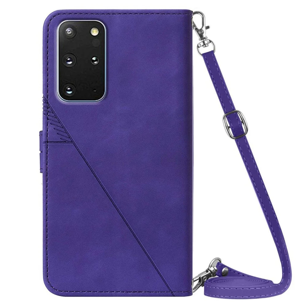 PB2-1 Series Stylish Lines Imprinting Magnetic Clasp Anti-dust Mobile Phone Bag Case PU Leather + TPU Stand Wallet Phone Cover with Shoulder Strap for Samsung Galaxy S20 Plus 4G/5G - Purple - 3