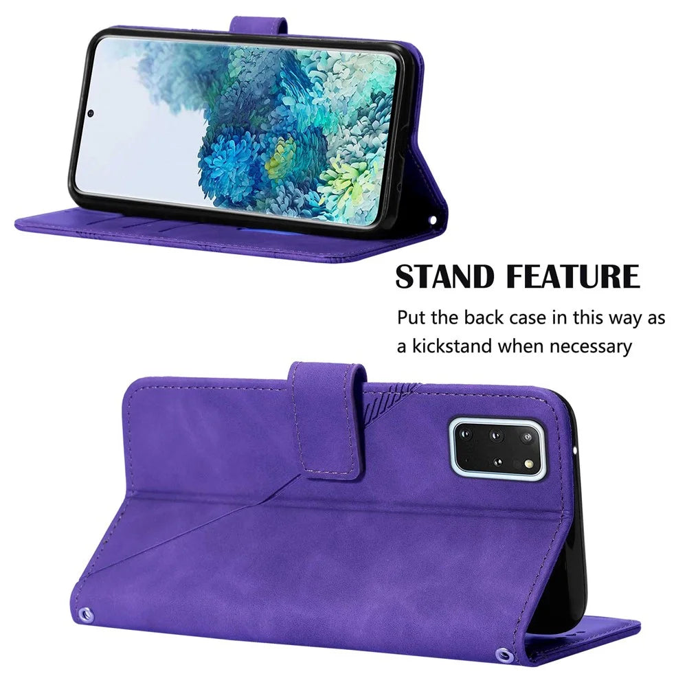 PB2-1 Series Stylish Lines Imprinting Magnetic Clasp Anti-dust Mobile Phone Bag Case PU Leather + TPU Stand Wallet Phone Cover with Shoulder Strap for Samsung Galaxy S20 Plus 4G/5G - Purple - 5