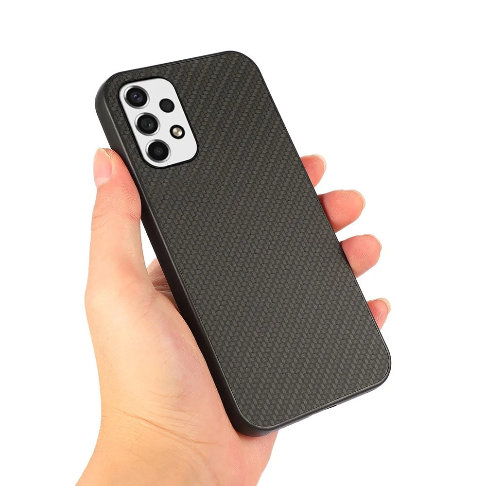 Light Slim Shockproof PU Leather Coated PC + TPU Carbon Fiber Texture Phone Case Shell for Samsung Galaxy A53 5G - Black - 3