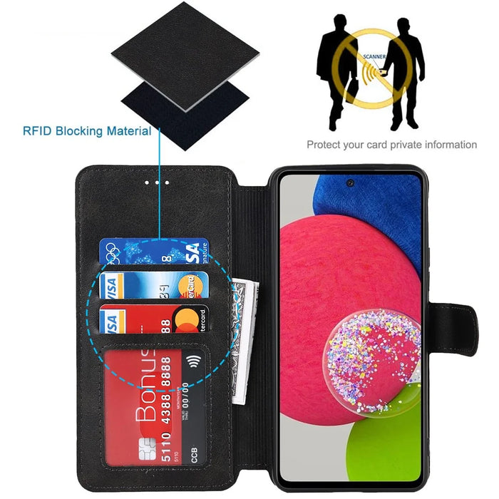 Magnetic Retro Matte PU Leather Stand Flip Cover Shockproof TPU Interior RFID Blocking Wallet Folio Case for Samsung Galaxy A53 5G - Black - 3