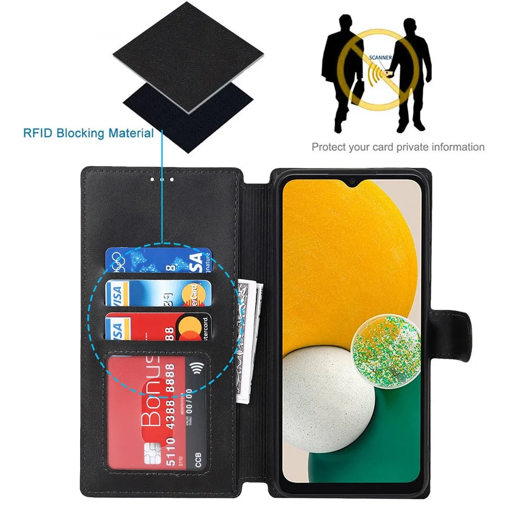 For Samsung Galaxy A13 5G / A04s 4G (164.7mm) RFID Blocking Retro PU Matte Leather Wallet Case Anti-Shock Protection Flip Stand Cover - Black - 3
