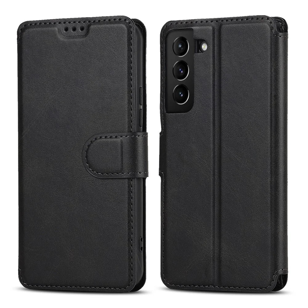 Vintage Texture Matte PU Leather Folio Flip Stand Case RFID Blocking Magnetic Wallet Cover for Samsung Galaxy S22 5G - Black - 1