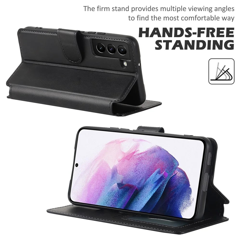 Vintage Texture Matte PU Leather Folio Flip Stand Case RFID Blocking Magnetic Wallet Cover for Samsung Galaxy S22 5G - Black - 4