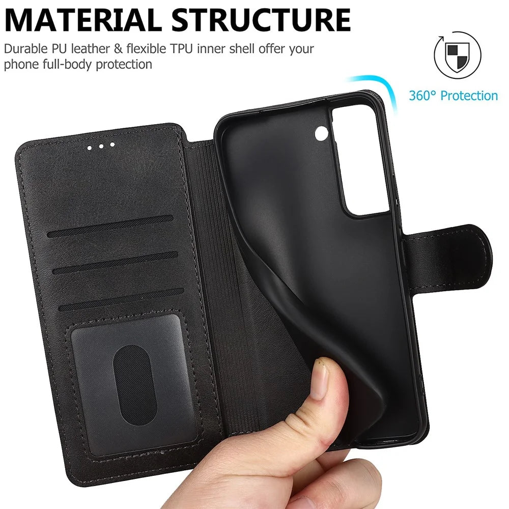 Vintage Texture Matte PU Leather Folio Flip Stand Case RFID Blocking Magnetic Wallet Cover for Samsung Galaxy S22 5G - Black - 5