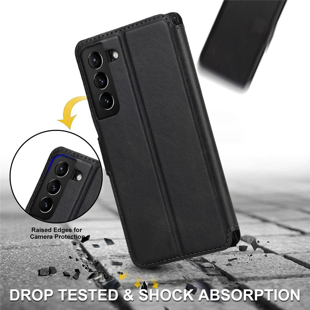 Vintage Texture Matte PU Leather Folio Flip Stand Case RFID Blocking Magnetic Wallet Cover for Samsung Galaxy S22 5G - Black - 6
