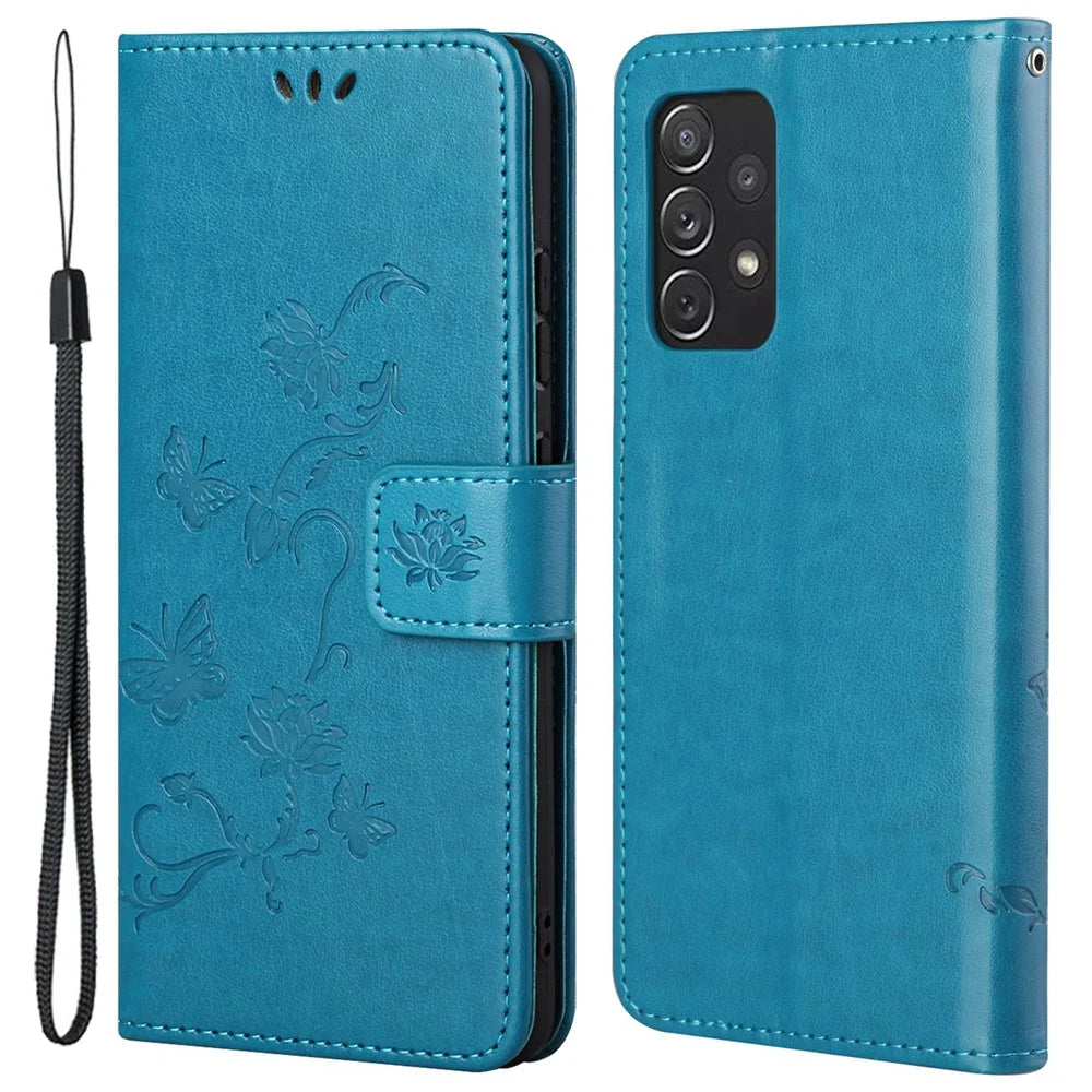 Scratch-resistant Imprinted Butterflies Flower PU Leather Wallet Function Phone Case Stand Shell for Samsung Galaxy A73 5G - Blue - 1