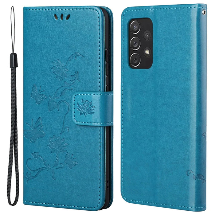 Scratch-resistant Imprinted Butterflies Flower PU Leather Wallet Function Phone Case Stand Shell for Samsung Galaxy A73 5G - Blue - 1