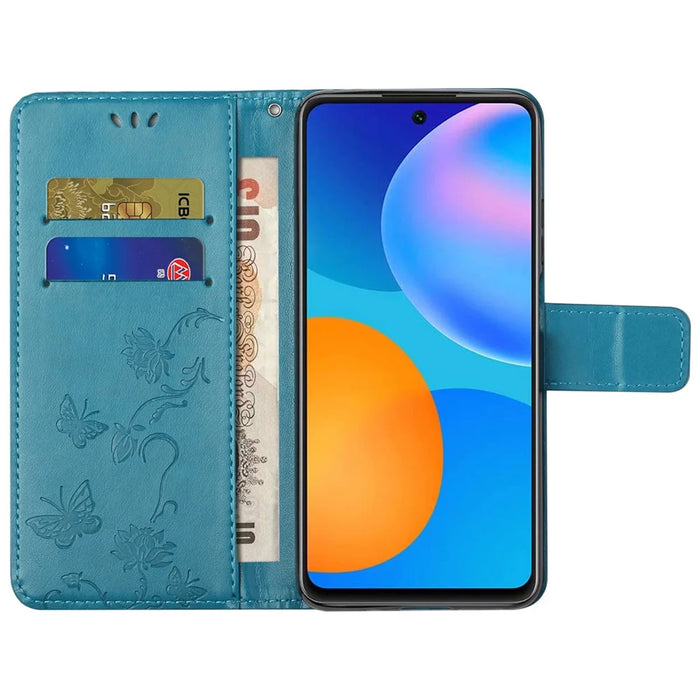 Scratch-resistant Imprinted Butterflies Flower PU Leather Wallet Function Phone Case Stand Shell for Samsung Galaxy A73 5G - Blue - 5