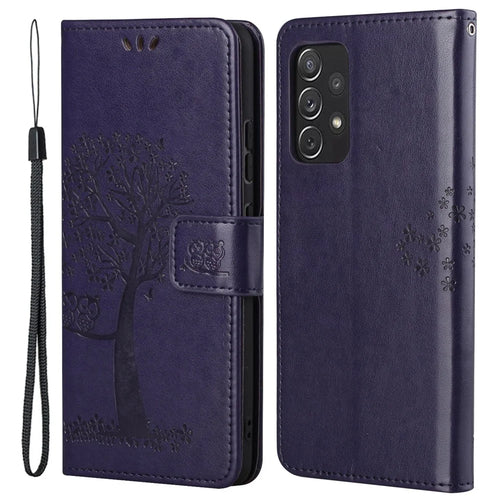 Owl Tree Pattern Imprinted Magnetic Clasp TPU and PU Leather Phone Case Stand Wallet Cover with Strap for Samsung Galaxy A73 5G - Dark Purple - 1
