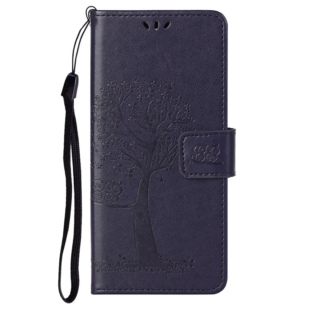 Owl Tree Pattern Imprinted Magnetic Clasp TPU and PU Leather Phone Case Stand Wallet Cover with Strap for Samsung Galaxy A73 5G - Dark Purple - 2