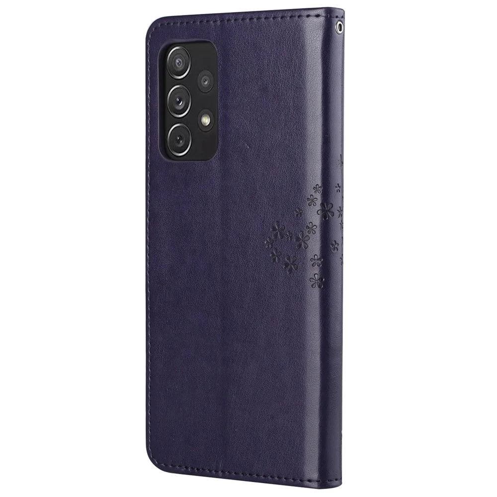 Owl Tree Pattern Imprinted Magnetic Clasp TPU and PU Leather Phone Case Stand Wallet Cover with Strap for Samsung Galaxy A73 5G - Dark Purple - 3