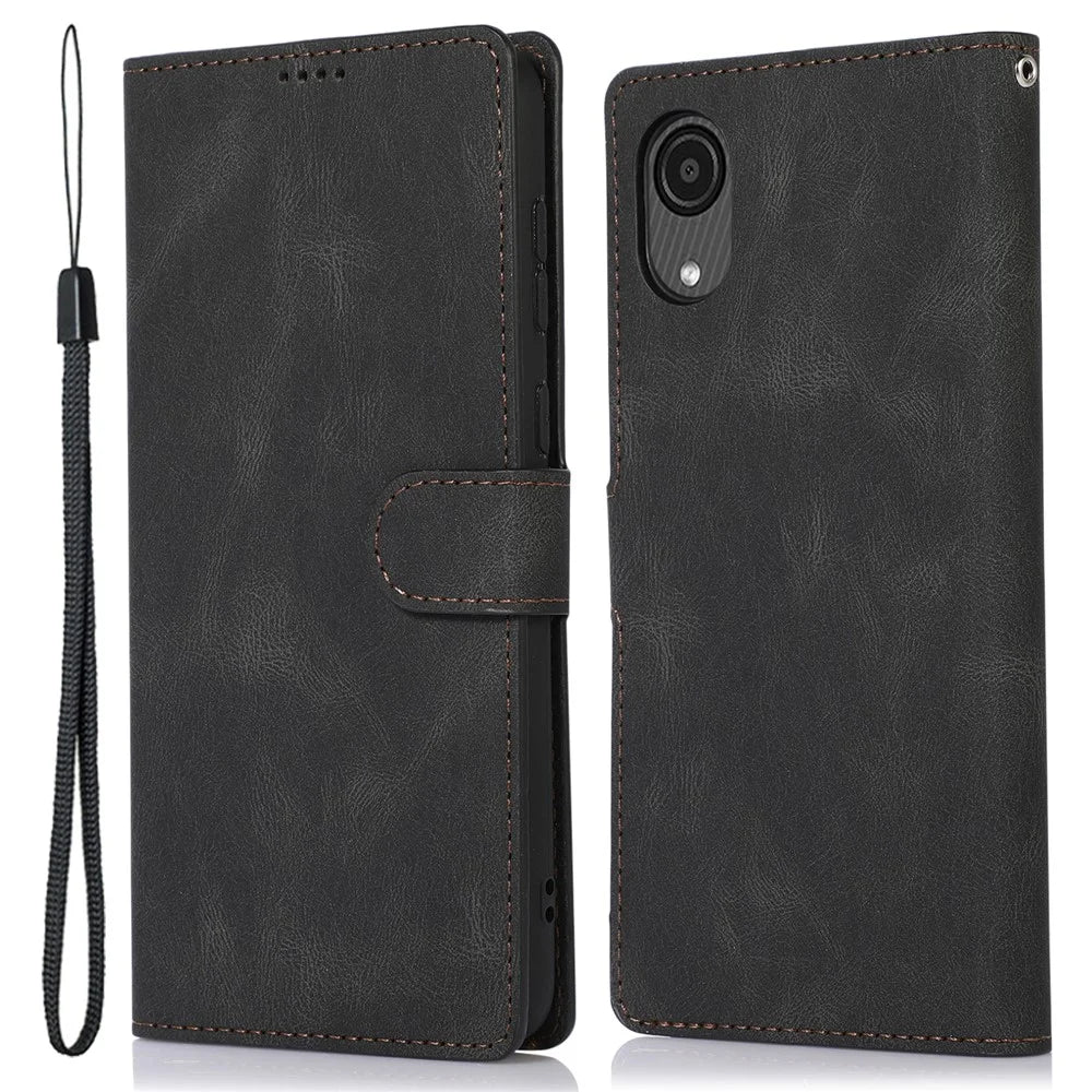 Supporting Stand PU Leather Wallet Case Magnetic Shockproof Cover with Wrist Strap for Samsung Galaxy A03 Core - Black - 1