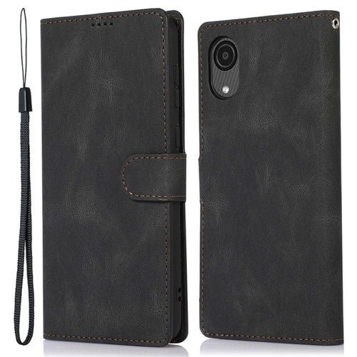 Supporting Stand PU Leather Wallet Case Magnetic Shockproof Cover with Wrist Strap for Samsung Galaxy A03 Core - Black - 1