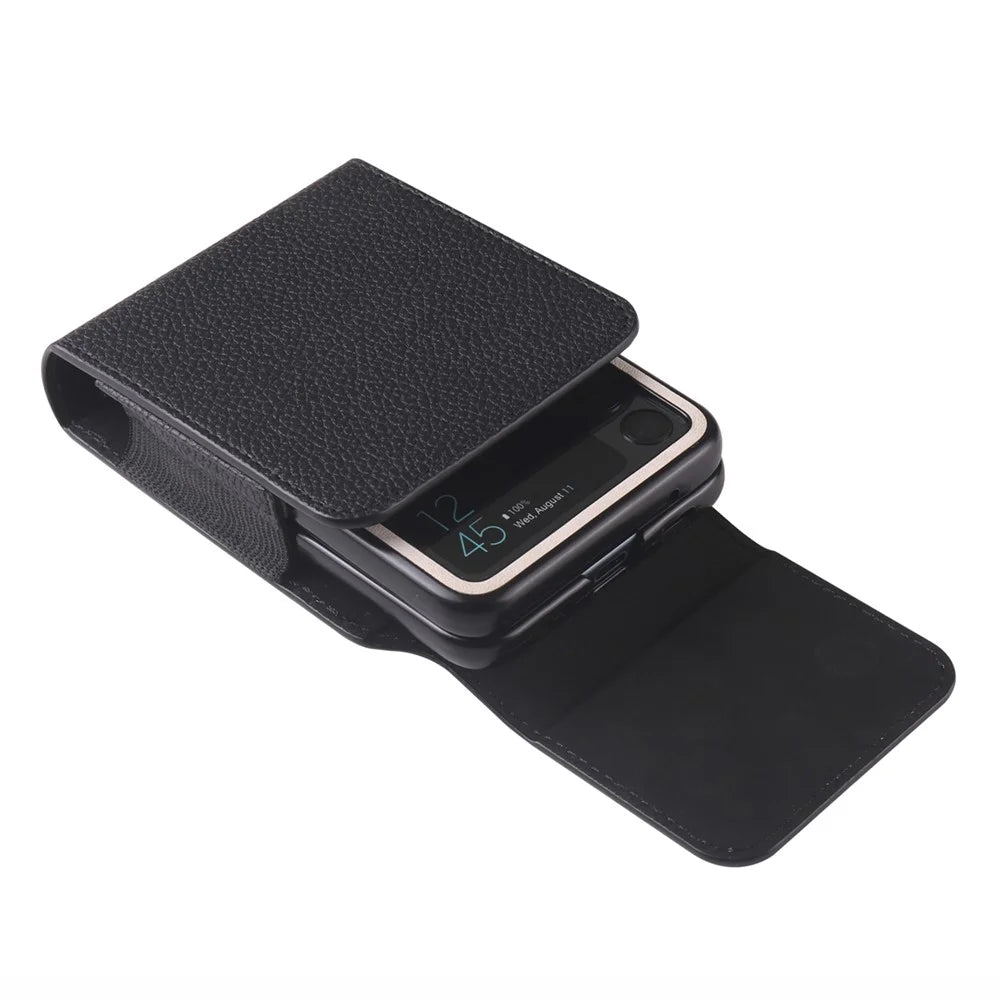 PU Leather Waist Belt Loop Phone Bag Pouch Protective Case with Carabiner for Samsung Galaxy Z Flip3 5G - Black - 3