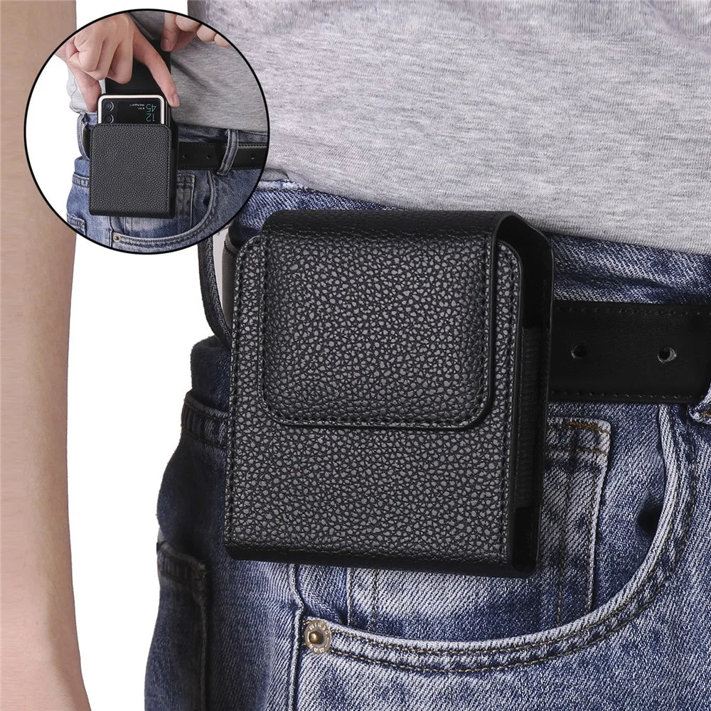 PU Leather Waist Belt Loop Phone Bag Pouch Protective Case with Carabiner for Samsung Galaxy Z Flip3 5G - Black - 4