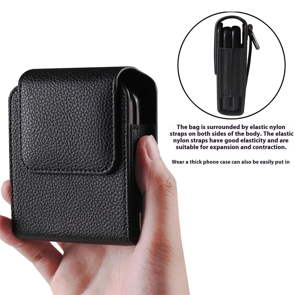 PU Leather Waist Belt Loop Phone Bag Pouch Protective Case with Carabiner for Samsung Galaxy Z Flip3 5G - Black - 5